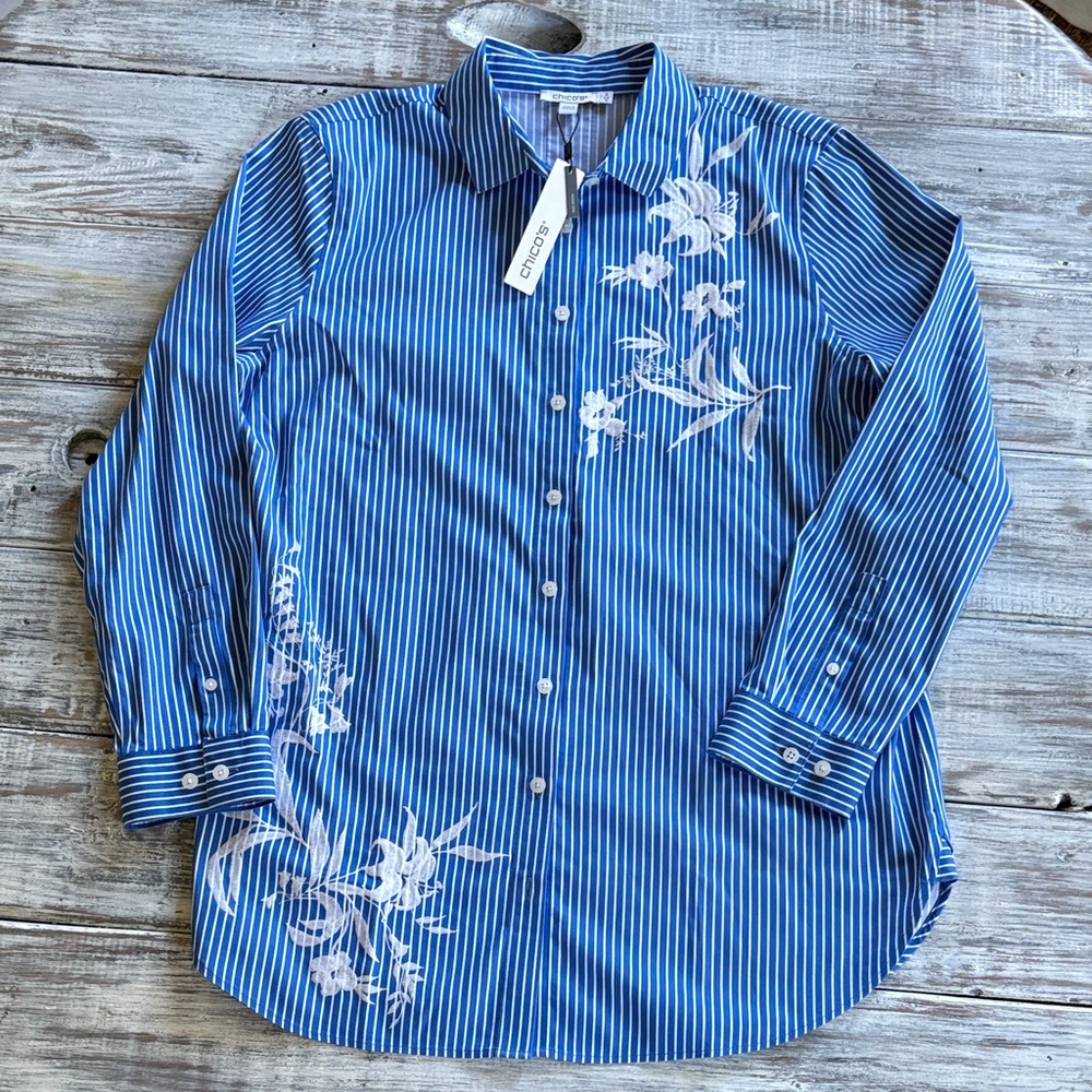 NWT, Chico’s no iron striped tunic shirt, Chico’s size 2, size 12/14